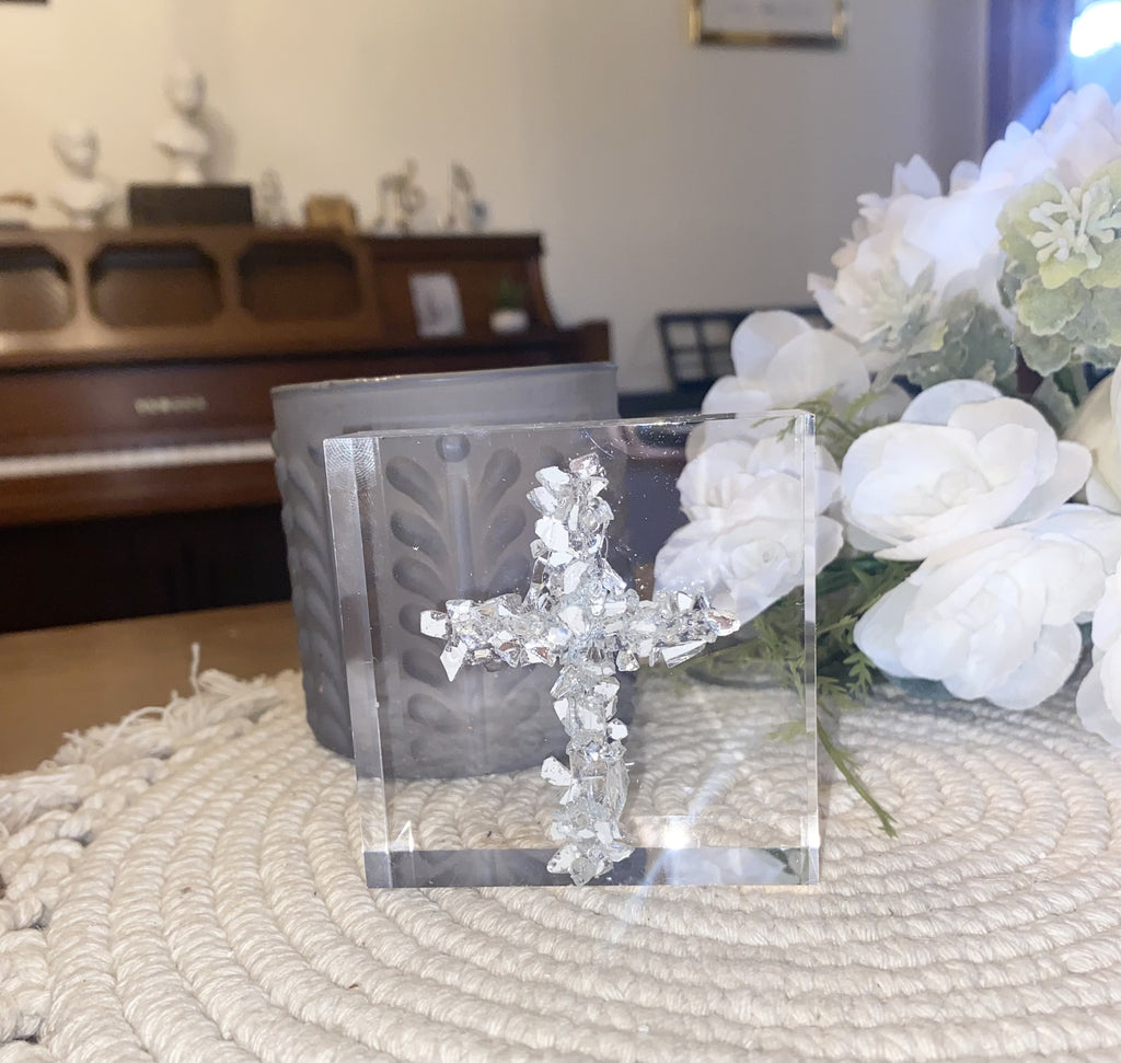 Crushed Glass Cross Acrylic Block